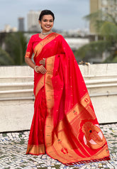 Red Zari Woven Mahalaxmi God Paithani Silk Saree