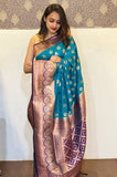 Blue Soft Silk Contrast Zari Woven Saree