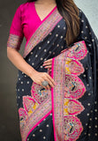 Jade Black Pashmina Darbari Silk Zari Woven Saree with Meenakari Border