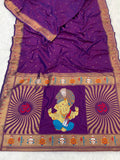 Wine Zari Woven Ganpati God Paithani Silk Saree