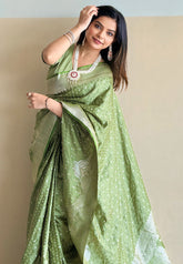 Thistle Green Banarasi Satin Silk Zari Woven Saree