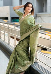 Thistle Green Banarasi Satin Silk Zari Woven Saree