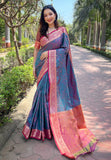 Blue Soft Kashmiri Silk Zari Woven Contrast Saree