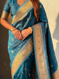 Denim Blue Peacock Paithani Zari Woven Saree
