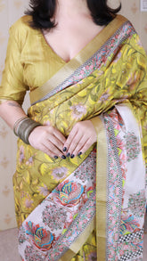 Gold Tussar Silk Floral Madhubani Fusion Printed Saree with Zari Woven Border