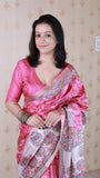 Pink Tussar Silk Floral Madhubani Fusion Printed Saree with Zari Woven Border