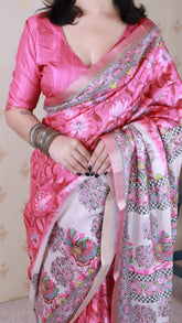 Pink Tussar Silk Floral Madhubani Fusion Printed Saree with Zari Woven Border