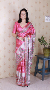 Pink Tussar Silk Floral Madhubani Fusion Printed Saree with Zari Woven Border