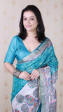 Turquoise Blue Tussar Silk Floral Madhubani Fusion Printed Saree with Zari Woven Border