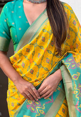 Yellow Soft Silk Zari Woven Patola Saree with Contrast Weaves
