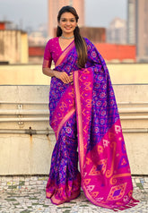 Violet Soft Silk Zari Woven Patola Saree with Contrast Weaves