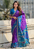Purple Soft Silk Zari Woven Patola Saree with Contrast Weaves