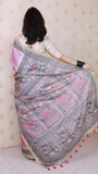 Dusty Pink Tussar Silk Madhubani Printed Saree with Zari Woven Border