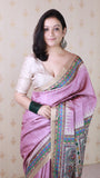 Dusty Pink Tussar Silk Madhubani Printed Saree with Zari Woven Border