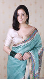 Sea Green Tussar Silk Madhubani Printed Saree with Zari Woven Border