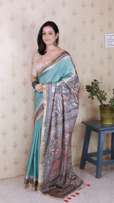 Sea Green Tussar Silk Madhubani Printed Saree with Zari Woven Border