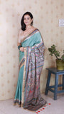 Sea Green Tussar Silk Madhubani Printed Saree with Zari Woven Border