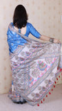 Royal Blue Tussar Silk Floral Madhubani Fusion Printed Saree with Zari Woven Border