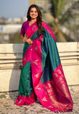 Green South Traditional Tilak Contrast Soft Silk Zari Woven Saree