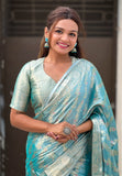 Sky Blue Kanjivaram Soft Tissue Silk Leheriya Traditional Zari Woven Saree