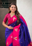 Violet South Traditional Tilak Contrast Soft Silk Zari Woven Saree