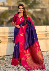 Violet South Traditional Tilak Contrast Soft Silk Zari Woven Saree