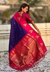 Violet South Traditional Tilak Contrast Soft Silk Zari Woven Saree
