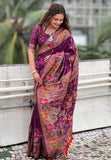 Wine Pashmina Kashmiri Silk Zari Woven Saree