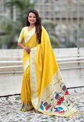 Yellow Pastel Zari Woven Peacock Lotus Paithani Silk Saree