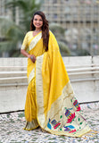 Yellow Pastel Zari Woven Peacock Lotus Paithani Silk Saree