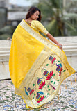 Yellow Pastel Zari Woven Peacock Lotus Paithani Silk Saree
