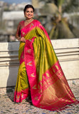 Mehendi Green South Traditional Tilak Contrast Soft Silk Zari Woven Saree