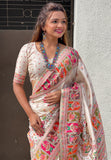 Cream Pashmina Kashmiri Silk Zari Woven Saree