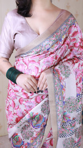 Cream Tussar Silk Floral Madhubani Fusion Printed Saree with Zari Woven Border