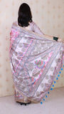 Cream Tussar Silk Floral Madhubani Fusion Printed Saree with Zari Woven Border