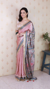 Dusty Peach Tussar Silk Madhubani Printed Saree with Zari Woven Border
