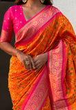 Orange Soft Silk Zari Woven Premium Patola Saree with Contrast Weaves