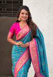 Sky Blue Soft Silk Zari Woven Premium Patola Saree with Contrast Weaves