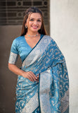 Butterfly Blue Banarasi Jaal Satin Silk Pink Zari Woven Saree
