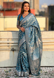 Butterfly Blue Banarasi Jaal Satin Silk Pink Zari Woven Saree