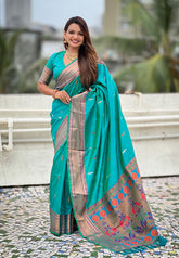 Aqua Blue Dual Zari Woven Yeola Traditional Paithani Silk Saree