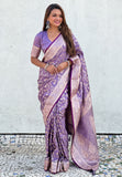 Lavender Banarasi Jaal Satin Silk Pink Zari Woven Saree