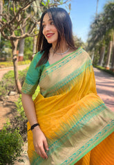 Yellow Soft Silk Floral Border Contrast Zari Woven Saree