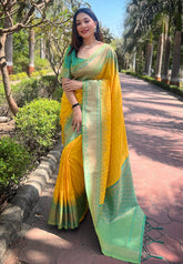 Yellow Soft Silk Floral Border Contrast Zari Woven Saree