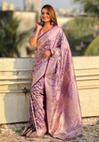 Lavender Banarasi Jaal Satin Silk Pink Zari Woven Saree