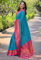 Blue Contrast 1000 Butti Zari Woven Paithani Silk Saree