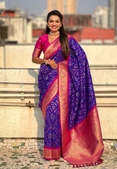 Violet Soft Silk Zari Woven Premium Patola Saree with Contrast Weaves