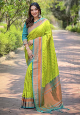 Parrot Green Contrast 1000 Butti Zari Woven Paithani Silk Saree