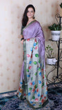 Lavender Soft Tussar Silk Kalamkari Unique Printed Zari Woven Saree
