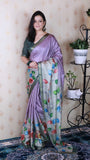 Lavender Soft Tussar Silk Kalamkari Unique Printed Zari Woven Saree